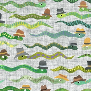 Snakes with Hats - Large Scale - Grey Background Papercut Collage Hand painted Kid design