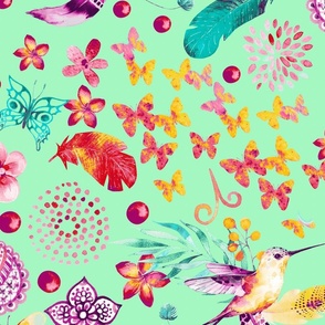 Whimsical Boho Watercolor Pattern With Elephants, Birds And Butterflies On Green