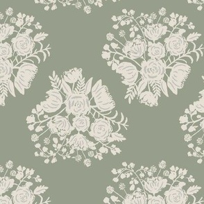 Creme floral bouquet damask on green_ small scale 