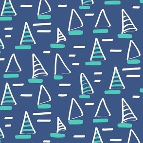 Nautical Abstract White and Aqua Sailboats with Stripe Sails on Blue Gender Neutral