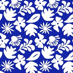 Tropical Foliage - Bold Retro Jungle, Medium Scale, White on Blue