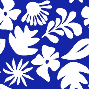 Tropical Foliage - Bold Retro Jungle, Large Scale, White on Blue