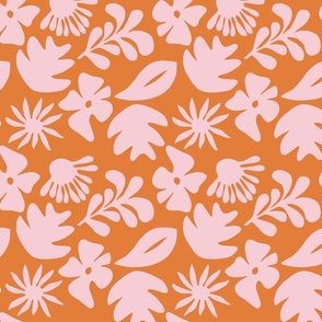 Tropical Foliage - Bold Retro Jungle, Medium Scale, Pink on Orange