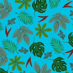 Tropical Leaves on Bright Blue