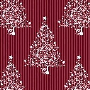 Filigree Christmas Trees in White on Burgundy Painted Pinstripes - Coordinate
