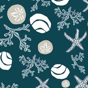 (large) Starfish and shells dancing - Navy Blue, Grey and white