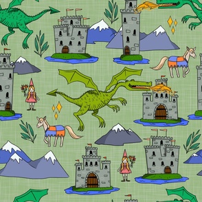 Large / Dragons Castles and Princesses / Cute Medieval Castle with a Dragon and a Princess