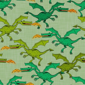 Large / Scattered Dragons on Green Linen