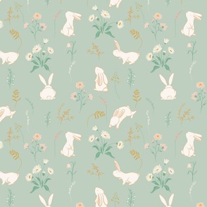 Bunnies minted green floral