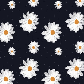 Painted white and orange daisies on a dark blue background