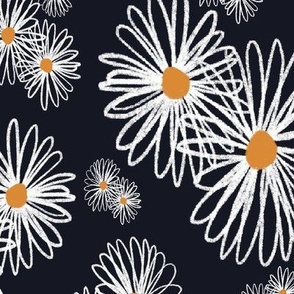 Sketched  white and orange daisies on a dark blue background