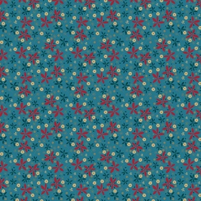 Floral_Dusty Blue, Red, Green, Gold