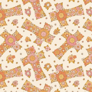 Gracie Vintage Retro Floral Cross Tossed Beige Background - Large Scale