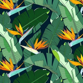 Paradise Blooms: Bird of Paradise Plant Pattern On Dark Blue (Large)