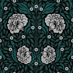 Wiiliam Morris Damask White flowers and Dark green foliage