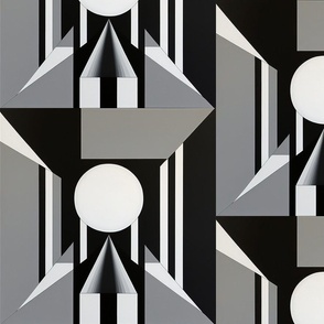 Geometric large scale in gray, black white, triangles, circles, MCM inspired