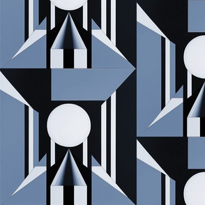 Geometric large scale in cyanotype blues, triangles, circles, MCM inspired