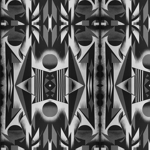 Circles and lines, Tiki, abstract  in gray, black,   MCM inspired