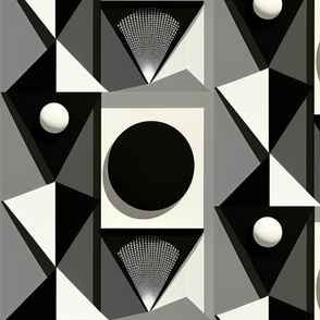 Geometric large scale in gray, black, ivory, triangles, circles, MCM inspired