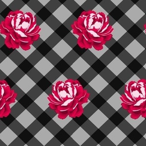 Raspberry Pink Roses on Black and Grey Check