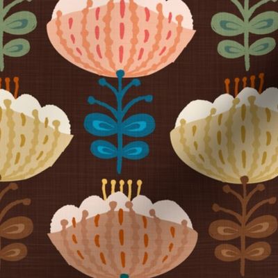Mid Mod Blossoms in Autumn Colors on Cocoa - Large