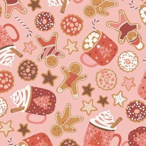 Christmas holiday gingerbread men, stars, sugar cookies, hot cocoa, candy cane in red, tan and brown on pink