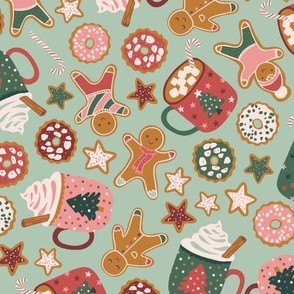 Christmas holiday gingerbread men, stars, sugar cookies, hot cocoa, candy cane in red, pink and green on light green