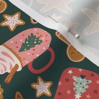 Christmas holiday gingerbread men, stars, sugar cookies, hot cocoa, candy cane in red and pink on green