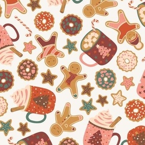 Christmas holiday gingerbread men, stars, sugar cookies, hot cocoa, candy cane in red , pink and green on cream