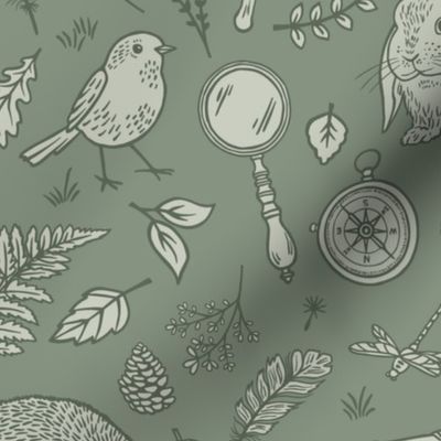 Woodland flora & fauna adventure with forest animals and botanicals in forest green