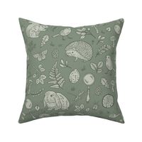 Woodland flora & fauna adventure with forest animals and botanicals in forest green