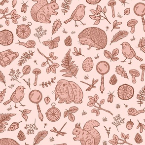 Woodland flora & fauna adventure with forest animals and botanicals in light dusty blush pink