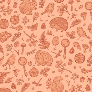 Woodland flora & fauna adventure with forest animals and botanicals in tangerine, peach and rust