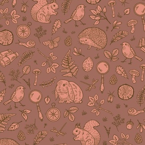 Woodland flora & fauna adventure with forest animals and botanicals in dusty brown, tan and rust