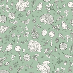 Woodland flora & fauna adventure with forest animals and botanicals in light celadon mint green and cream