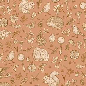 Woodland flora & fauna adventure with forest animals and botanicals in tan, cream and brown