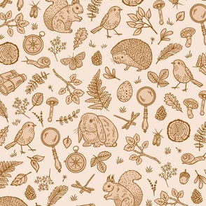 Woodland flora & fauna adventure with forest animals and botanicals in cream, beige and brown