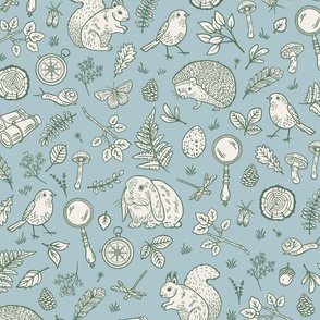 Woodland flora & fauna adventure with forest animals and botanicals in light blue, green and cream
