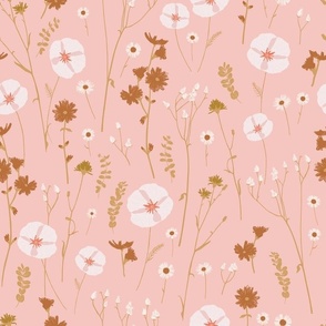 Vintage wildflowers floral and dried weeds in blush light pink, brown, cream and tan wallpaper - LARGE SCALE