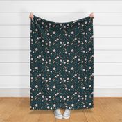 Vintage wildflowers florals and dried weeds in pink, tangerine, light blue and green on dark navy blue - LARGE  SCALE