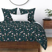 Vintage wildflowers florals and dried weeds in pink, tangerine, light blue and green on dark navy blue - LARGE  SCALE