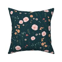 Vintage wildflowers florals and dried weeds in pink, tangerine, light blue and green on dark navy blue - LARGE  SCALE