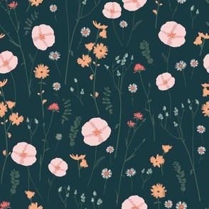 Vintage wildflowers florals and dried weeds in pink, tangerine, light blue and green on dark navy blue - LARGE  SCALE