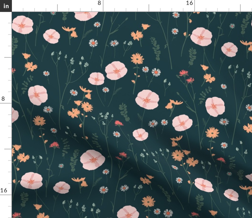 Vintage wildflowers florals and dried weeds in pink, tangerine, light blue and green on dark navy blue - LARGE  SCALE