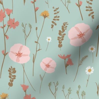 Vintage wildflower florals and dried weeds in sea green, pink, rust, yellow and brown - LARGE SCALE