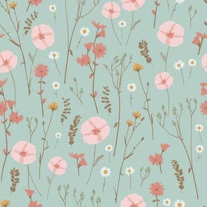 Vintage wildflower florals and dried weeds in sea green, pink, rust, yellow and brown - LARGE SCALE