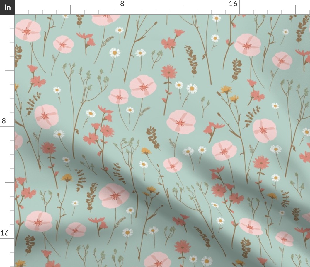 Vintage wildflower florals and dried weeds in sea green, pink, rust, yellow and brown - LARGE SCALE