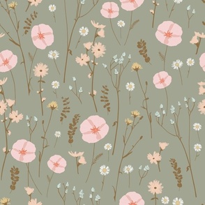 Vintage  wildflower florals and dried weeds in celadon green, pink, brown and blush - LARGE SCALE