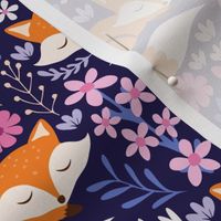 Sleepy Foxes - Small scale, Fox and Floral, Cute Fox Print - Dark Indigo 