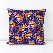 Sleepy Foxes - Small scale, Fox and Floral, Cute Fox Print - Dark Indigo 